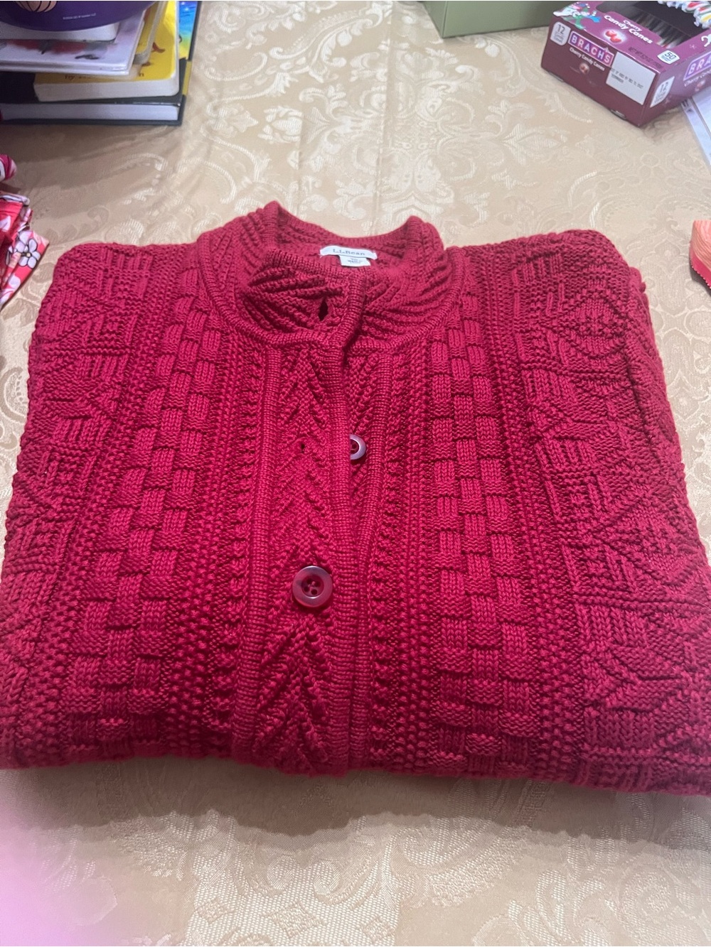 L.L. Bean Red Cotton Fisherman Cable Knit Cardigan Sweater Size XL LL bean
